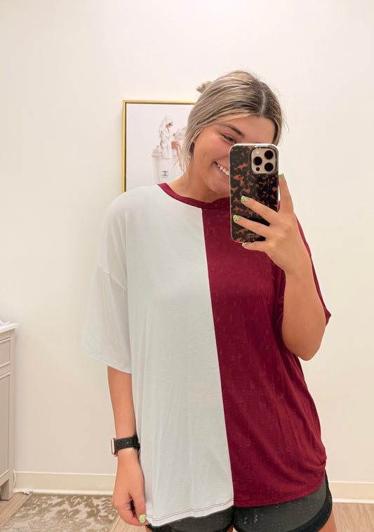 Maroon and White Top