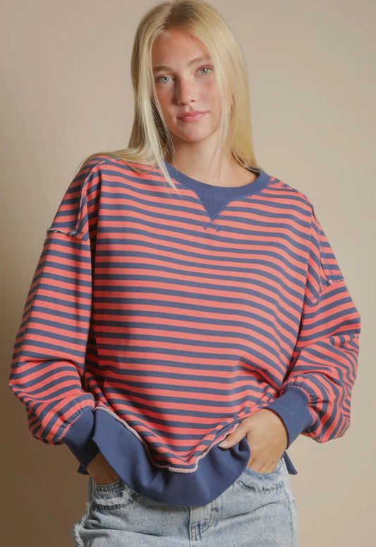 Coral & Navy Oversized Top