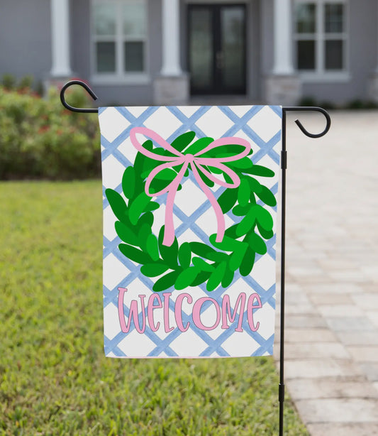 Blue plaid wreath garden flag