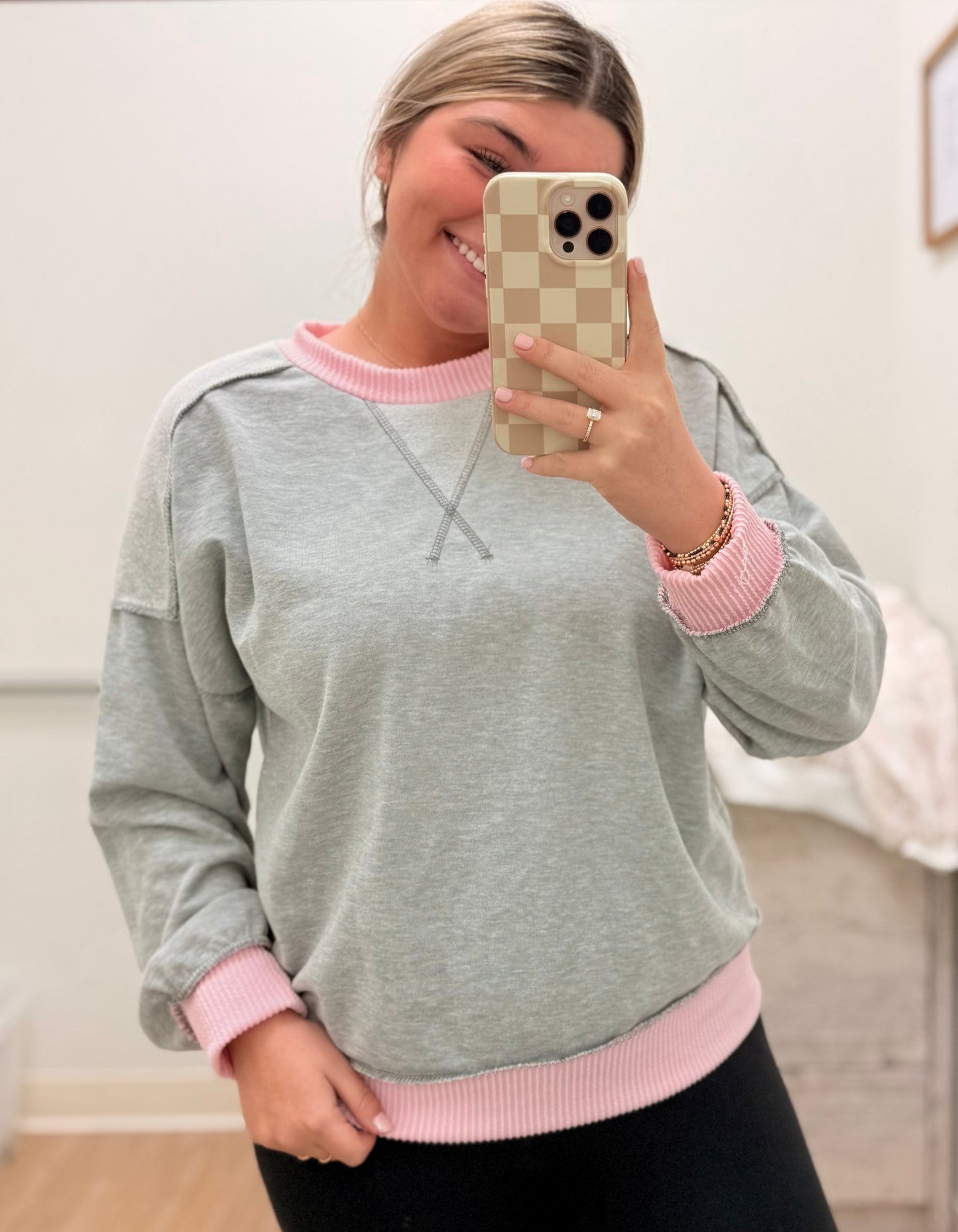 Grey & Pink Ribbed Trim Top