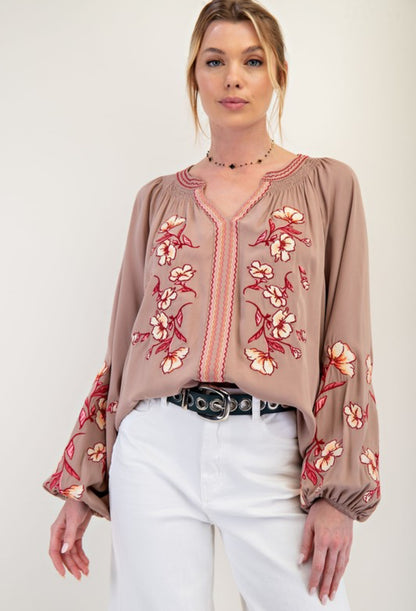 Mocha Embroidery Top