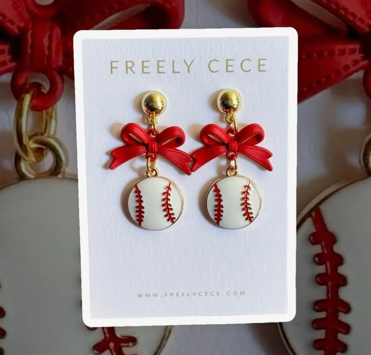 Red Bow Baseball Earrings