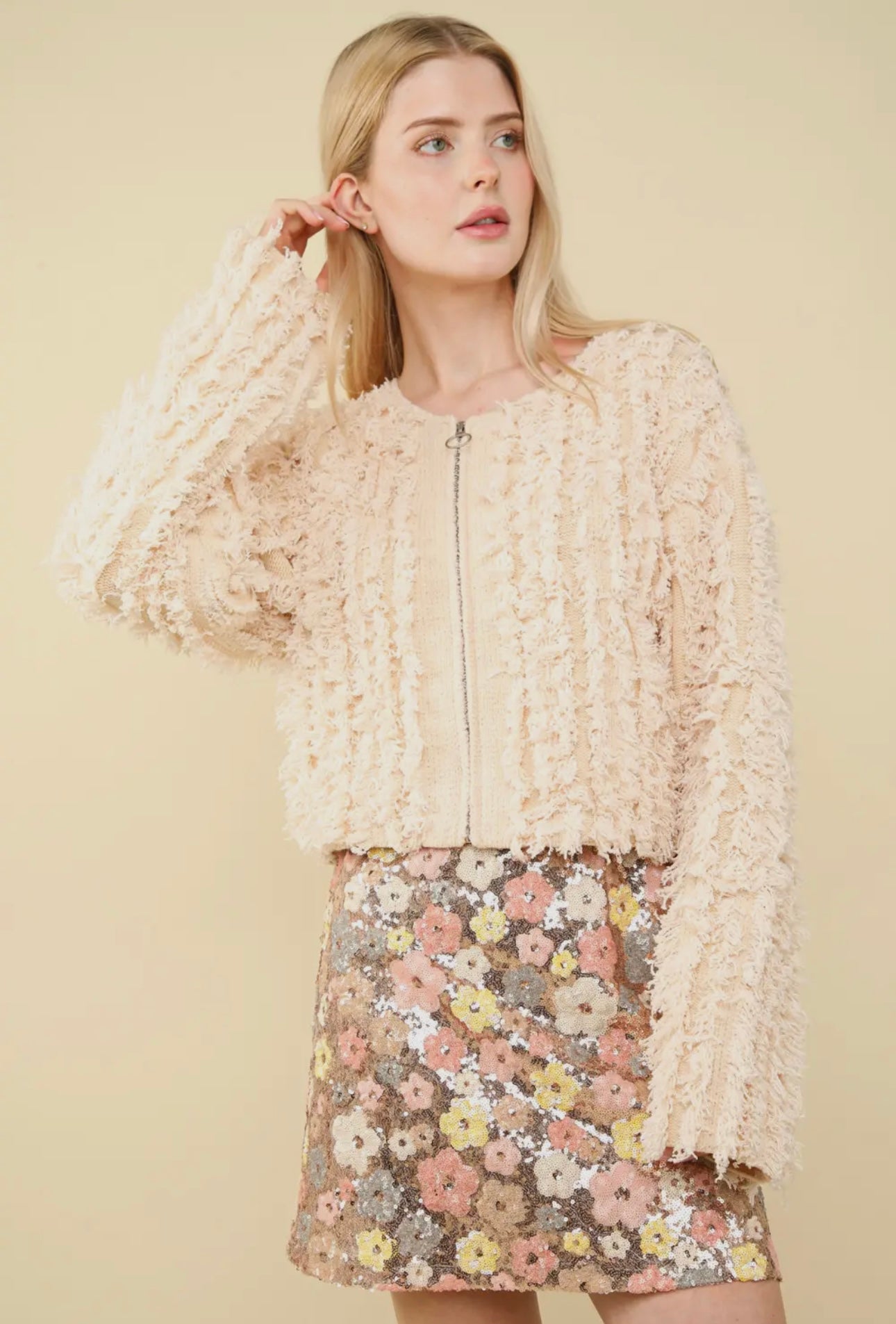 Shag knit yarn ivory jacket