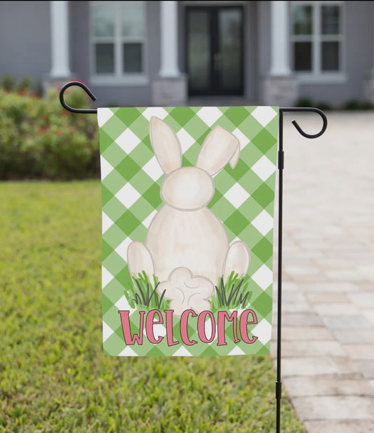 Green plaid bunny garden flag