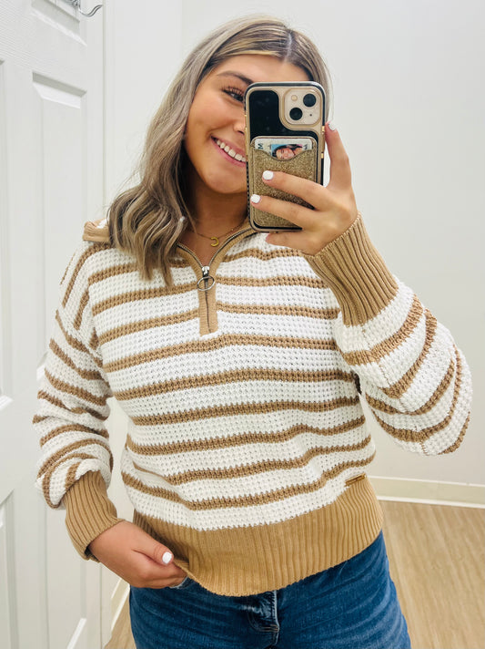 Hazelnut Stripe Cropped Quarter Zip -Simply Southern