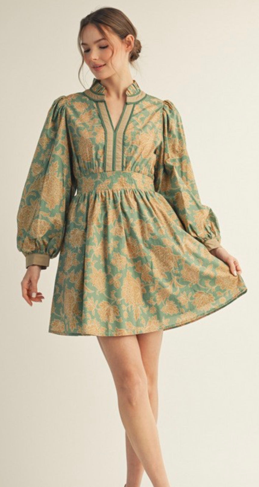 Heirloom Harmony Dress- Sage and Tan
