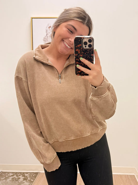 Tan Cropped Quarter Zip