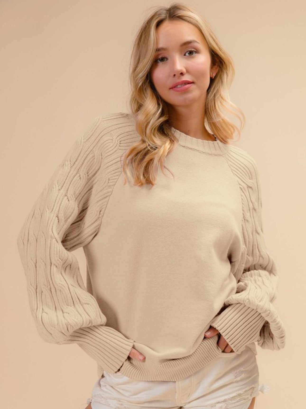 Oatmeal Cable Knit Sleeve Sweater