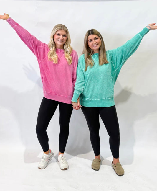 Acid Washed Pullover w/ Pockets | Hot Pink