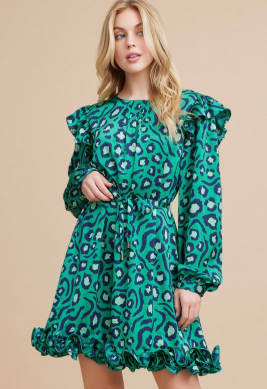 Green Cheetah Satin Dress