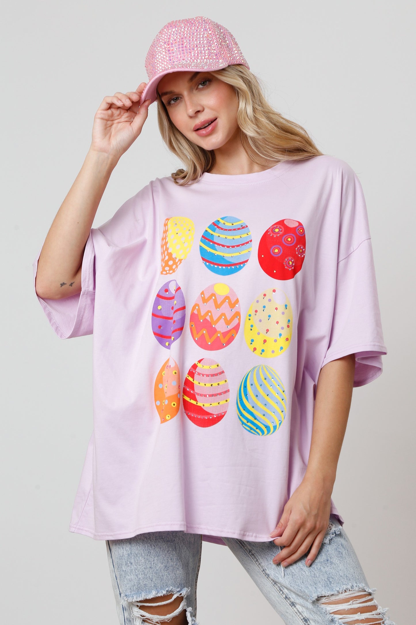 Lavender Easter egg oversized rhinestone tshirt