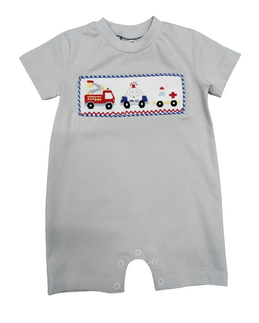 Emergency vehicle smocked romper