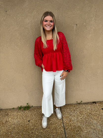 Red lace peplum top