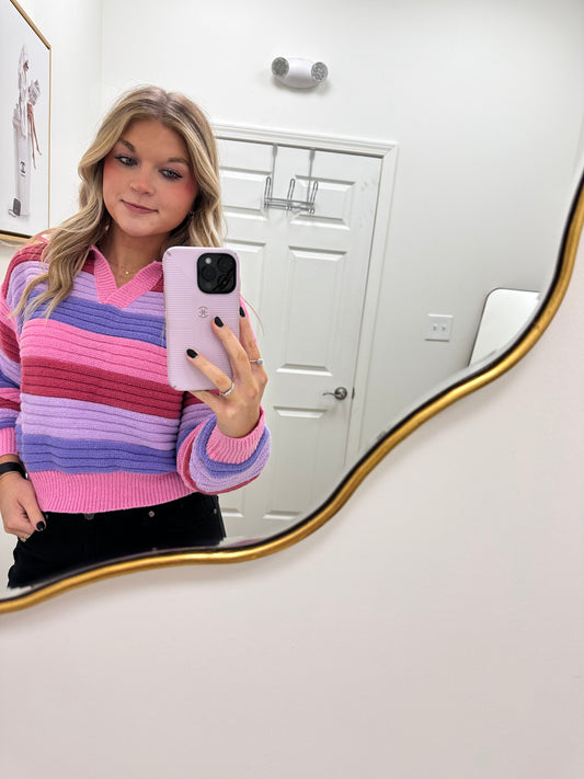 Pink and purple striped vneck sweater