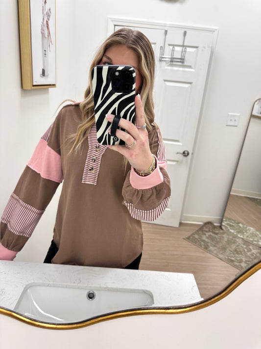 Mocha and pink collared striped shirt