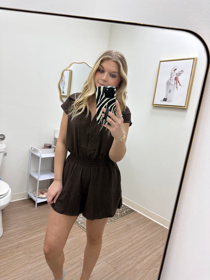 Espresso Butter Short Sleeve Quarter Zip Romper