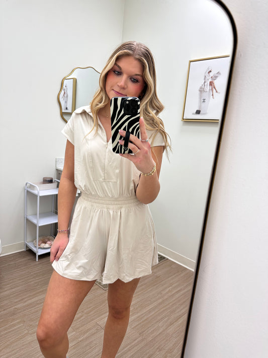 Pearl Butter Short Sleeve Quarter Zip Romper