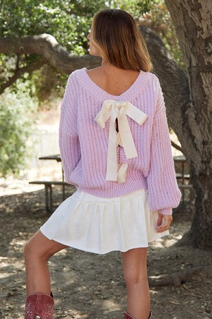 Lavender Cable Knit Ribbon Sweater Top