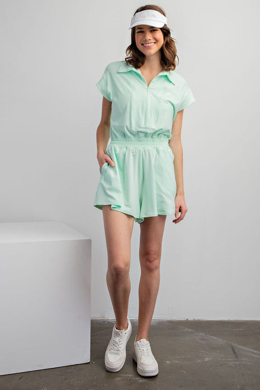 Morning Mint Butter Short Sleeve Quarter Zip Romper