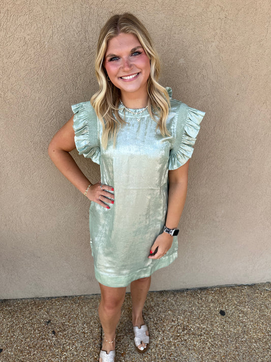 Sage metallic ruffle sleeve dress