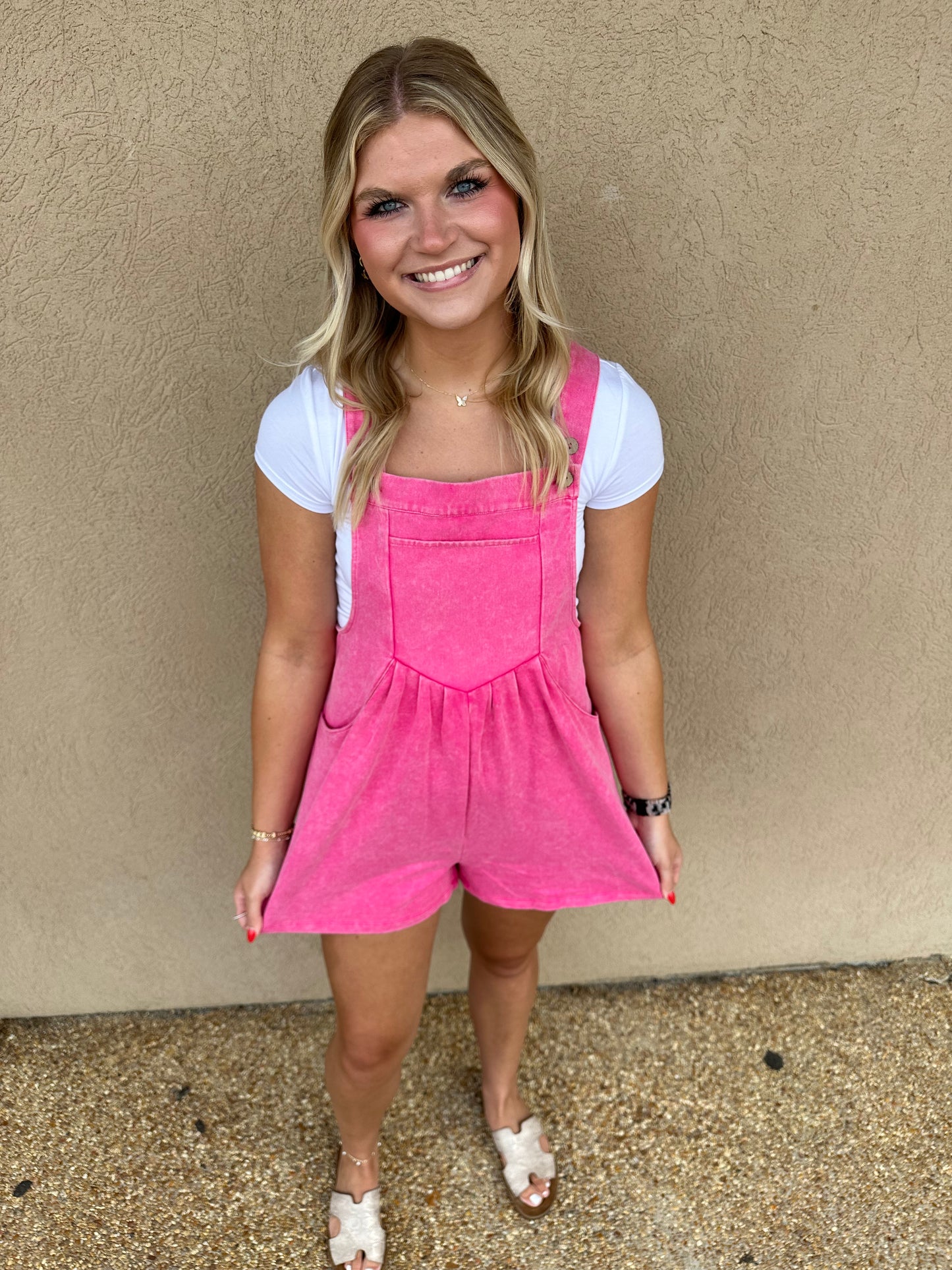 Pink mineral wash romper with button