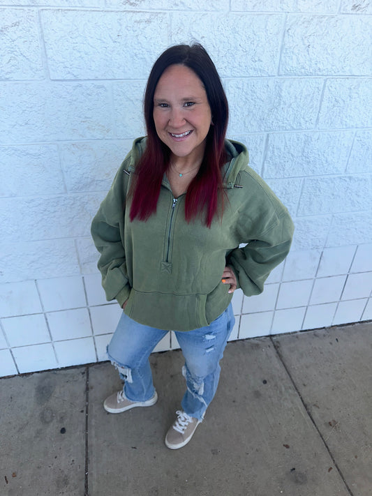 Olive Fleece Zip Hoodie