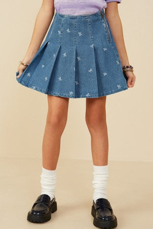 Bow Pleated Denim Skirt