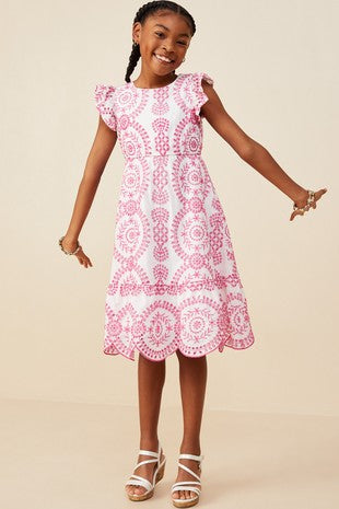 Pink Eyelet Flutter Sleeve Dress