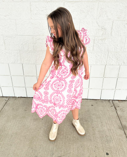 Pink Eyelet Flutter Sleeve Dress