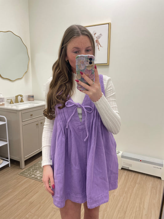 V-neck Puff Sleeve Purple Denim Romper