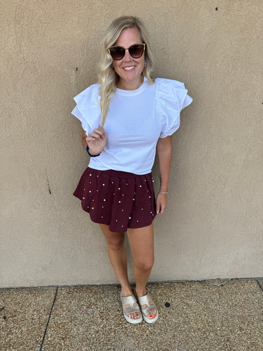 Non-Washed Pearl Embellished Skort: MAROON