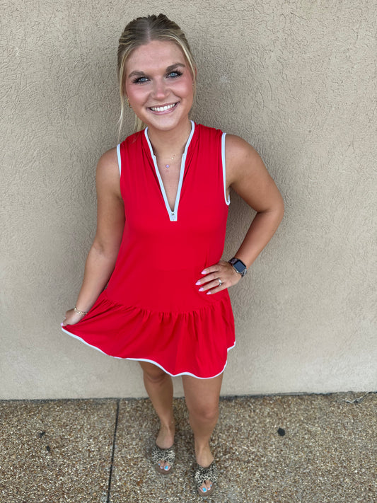 Athletic Front Quarter Zip Dress: Red