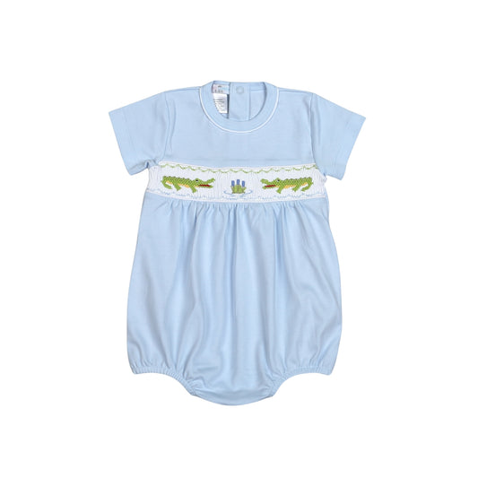 Blue hand smocked alligator pima bubble