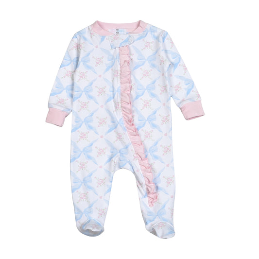 Blue bow zip footed sleeper