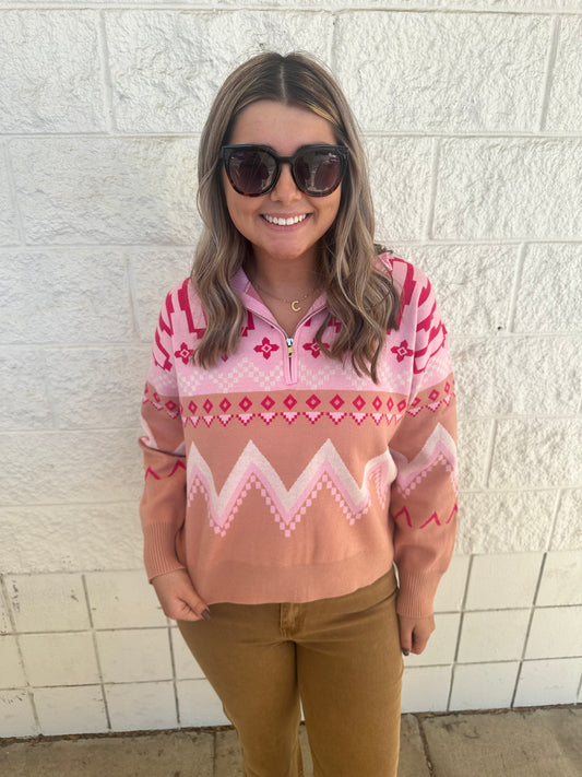 Pink Aztec Quarter Zip Pullover