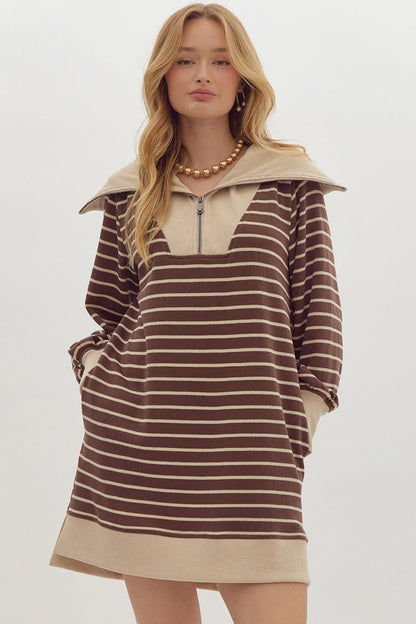 Brown Stripe Quarter Zip Dress