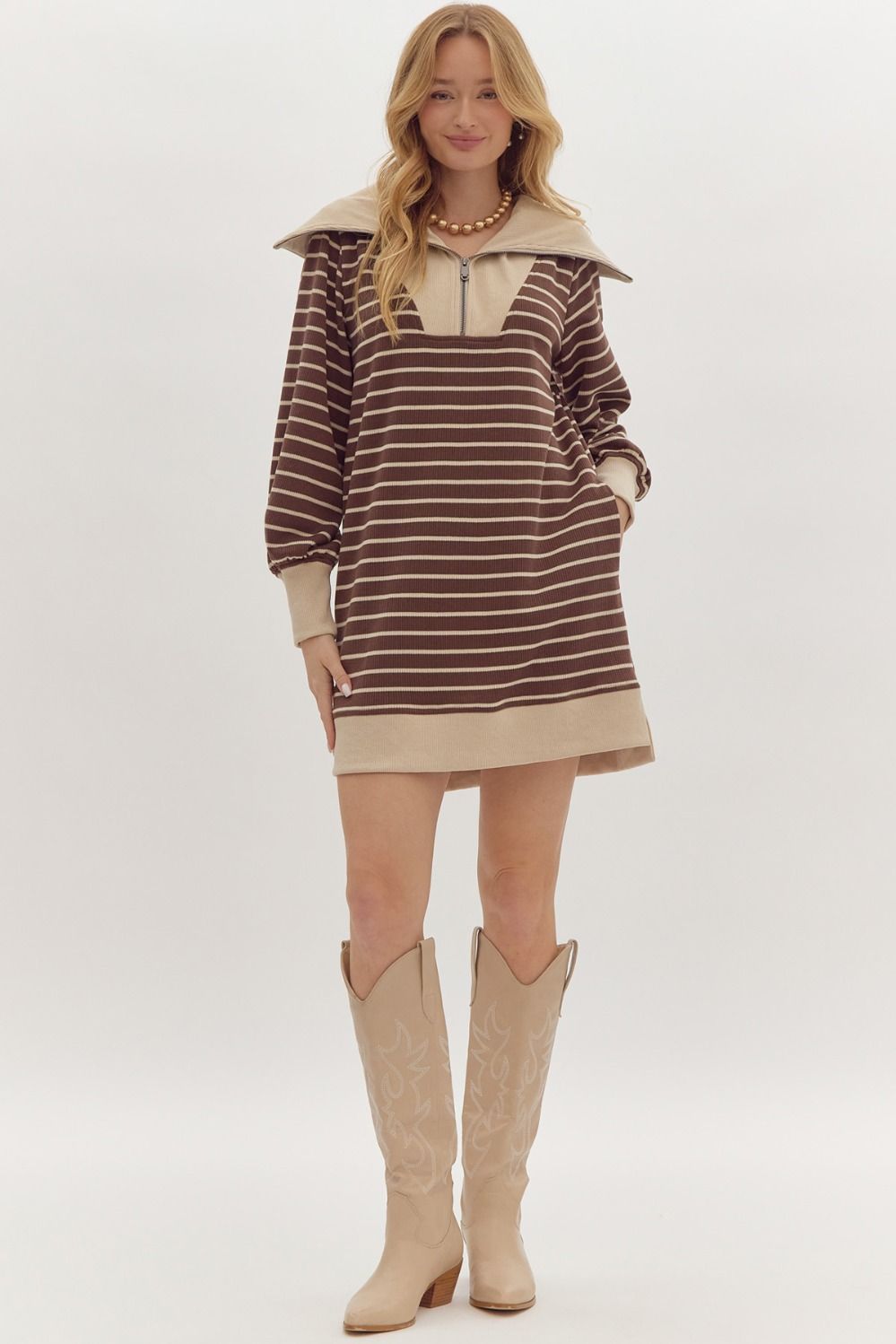 Brown Stripe Quarter Zip Dress