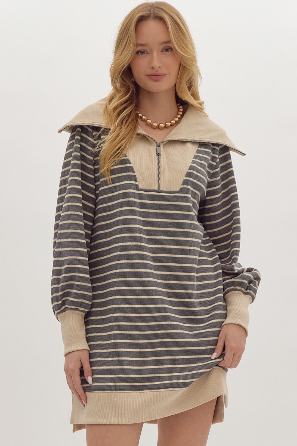 Heather Gray Stripe Quarter Zip Dress