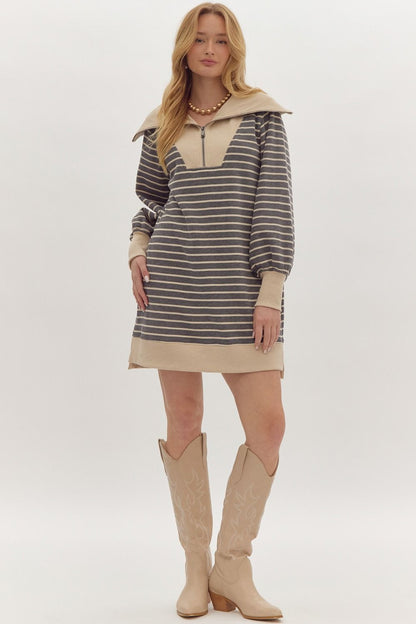 Heather Gray Stripe Quarter Zip Dress