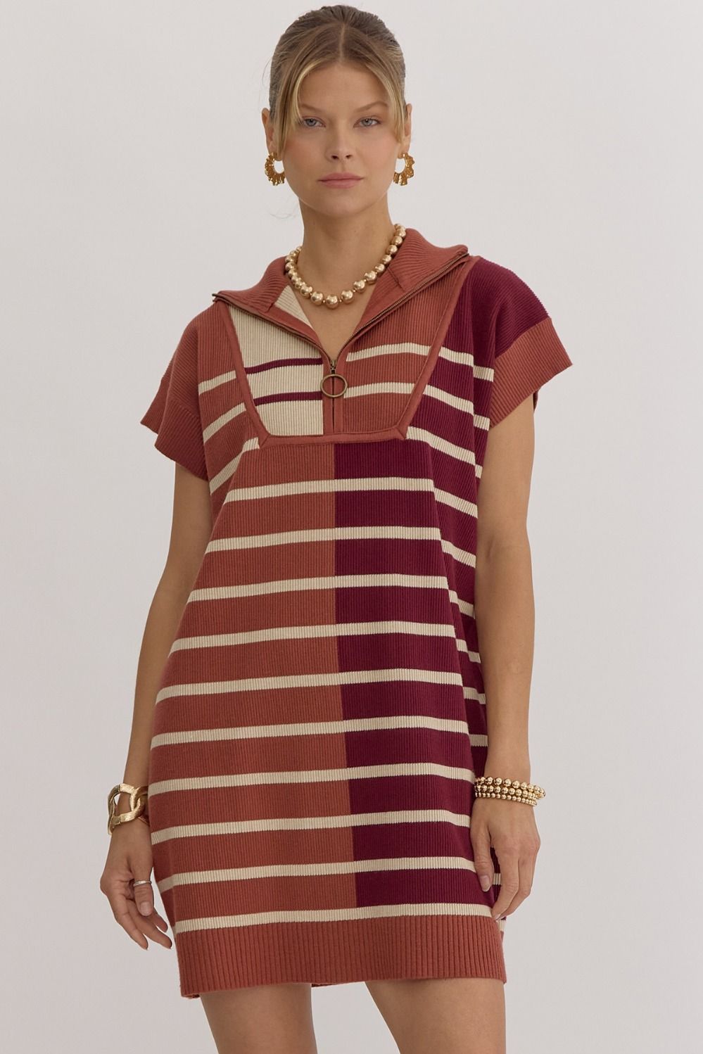 Chesnut Muti Stripe Quarter Zip Dress