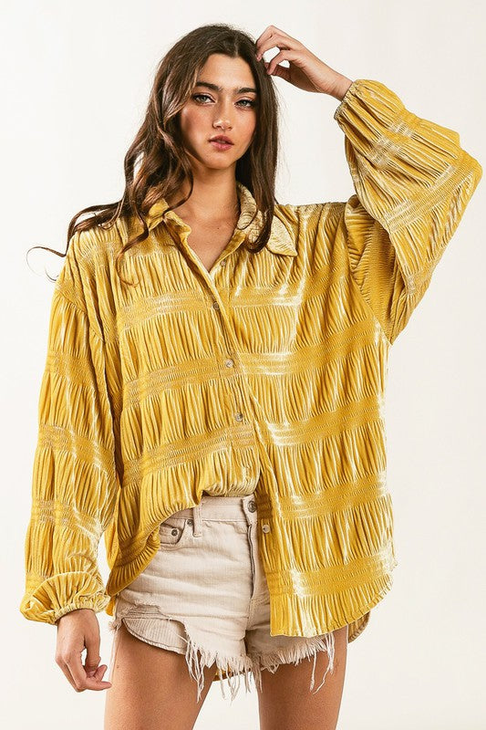 Velvet mustard button up blouse