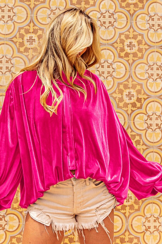 Gathered high low velvet hot pink blouse