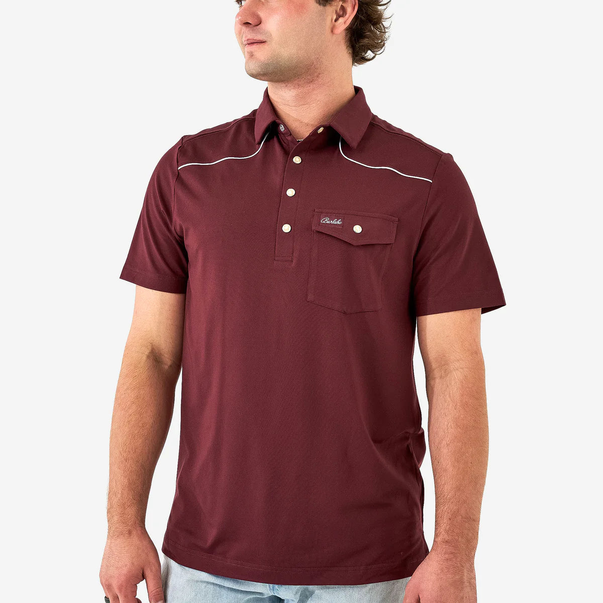 Pearl Snap Performance Polo - Maroon |Burlebo