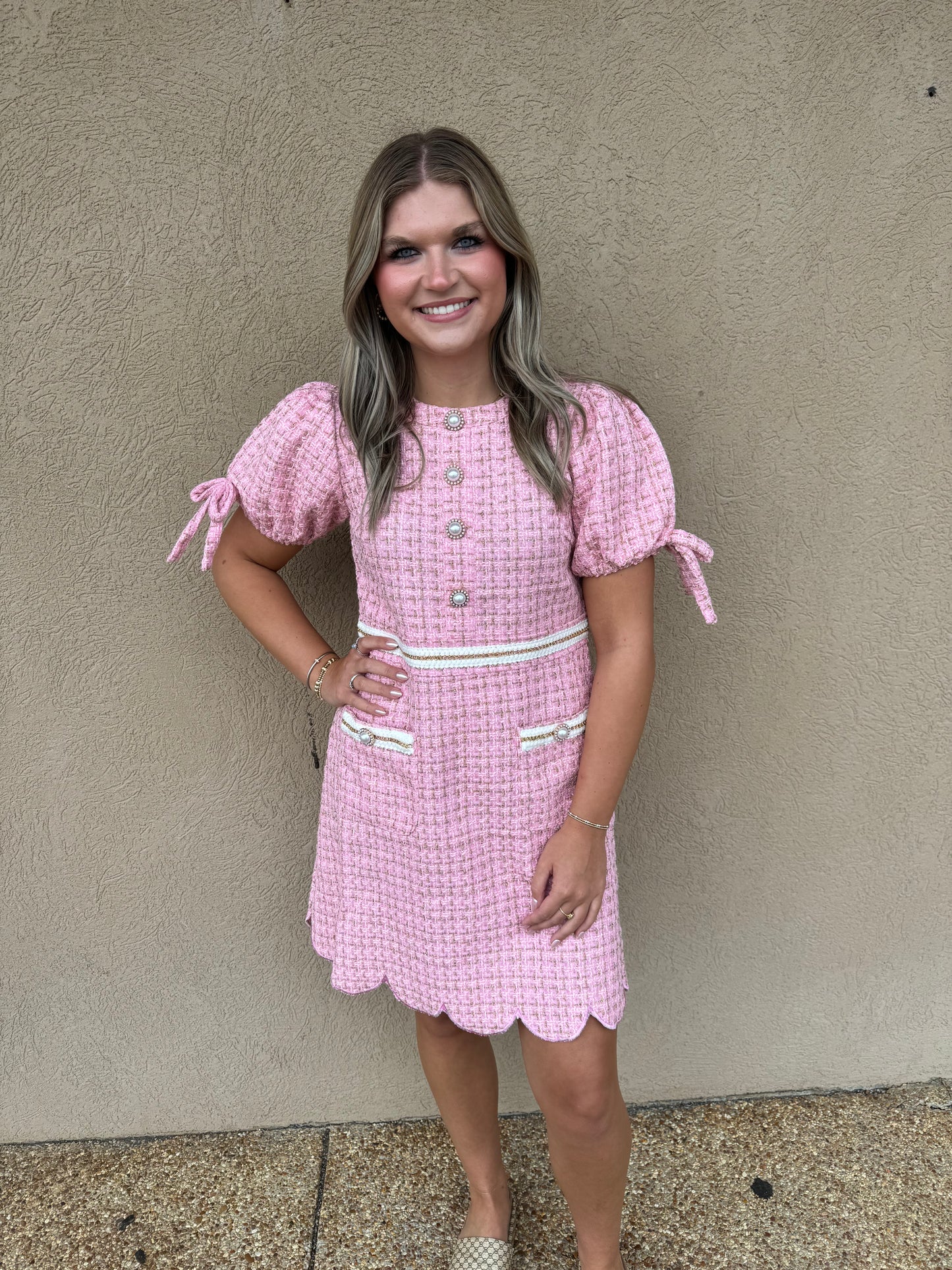 Elegant Pink Tweed Scallop Dress