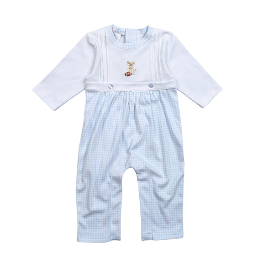 Baby Loren Blue Football Hand Embroidered Pima Romper