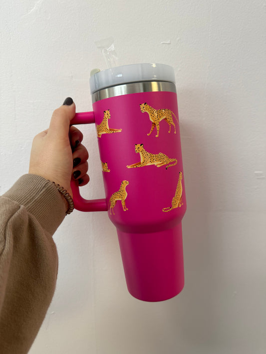 Pink tumbler with tan cheetahs