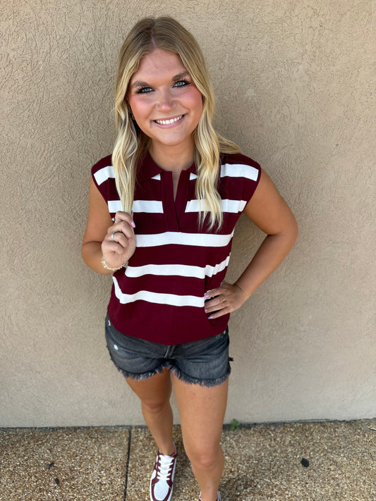 Striped Sleeveless Sweater Top : Burgundy/White