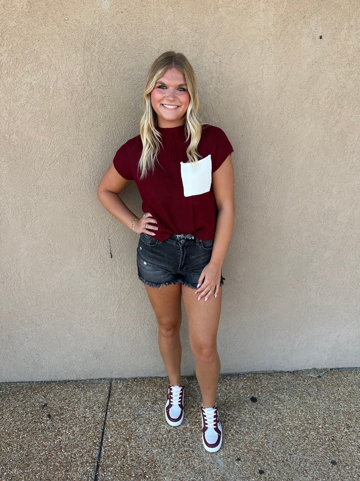 Color Blocked Sweater Top: Burgundy/White