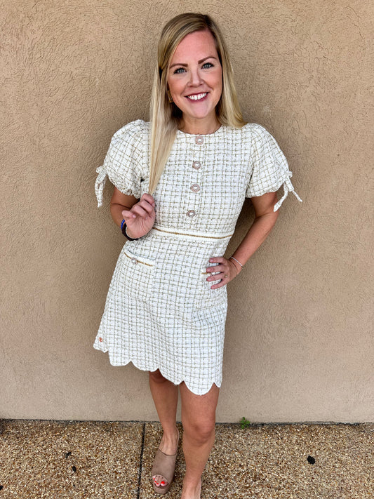 Elegant Ivory Tweed Scallop Dress