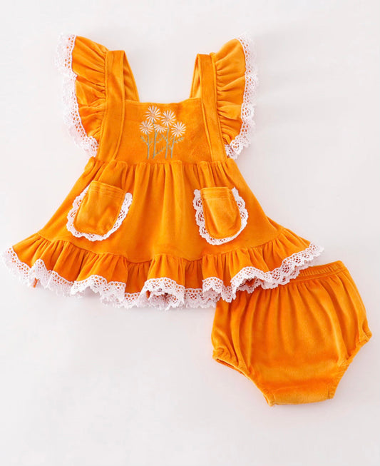 Orange Velvet Flower Girl Bloomer Set